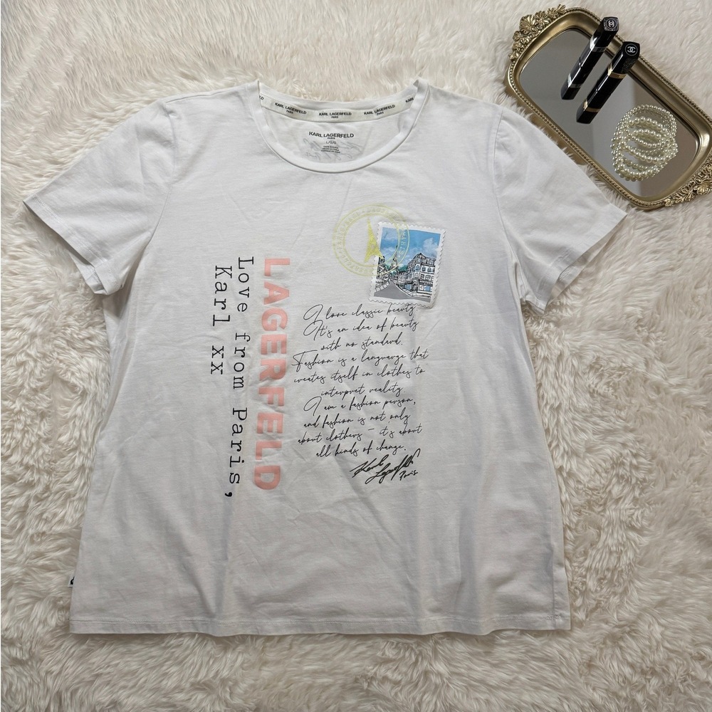 Karl Lagerfeld Paris Womens White Love From Paris Graphic Tee L